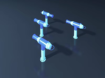 Four Blue And White Industrial Equipment Mechanical Components On Dark Background 3d model