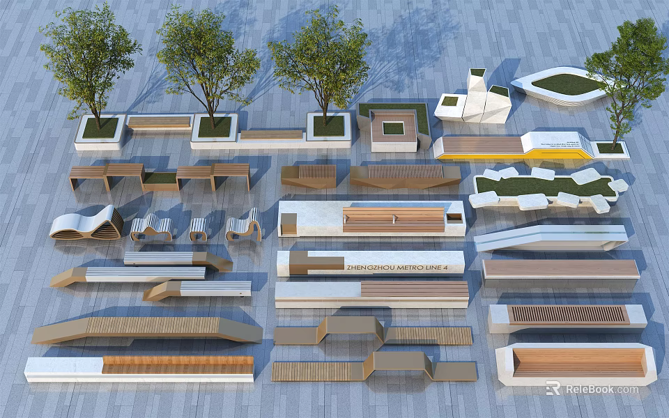 Outdoor Landscape Seats with Diverse Modern Designs and Wood Concrete Materials 3d model 