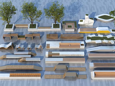 Outdoor Landscape Seats with Diverse Modern Designs and Wood Concrete Materials 3d model
