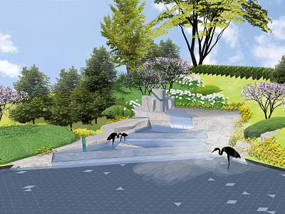 Rockery Stones Garden Landscape With Green Lawn Trees White Flowers Water Feature And Crane Sculptures 3d model