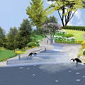 Rockery Stones Garden Landscape With Green Lawn Trees White Flowers Water Feature And Crane Sculptures
