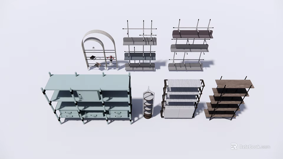 Various Modern Storage Shelving Units With Multiple Tiers And Drawer Designs 3d model