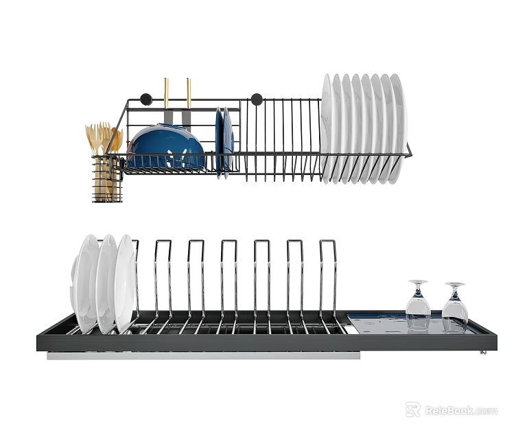 Kitchen Dish Drying Rack With Plates Bowls Chopsticks And Drainage Tray 3d model 