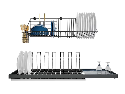 Kitchen Dish Drying Rack With Plates Bowls Chopsticks And Drainage Tray 3d model
