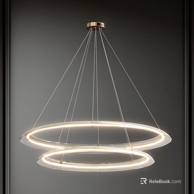 Modern Chandelier with Double Circular Transparent Acrylic Rings and LED Light Strips Hanging from Ceiling 3d model 