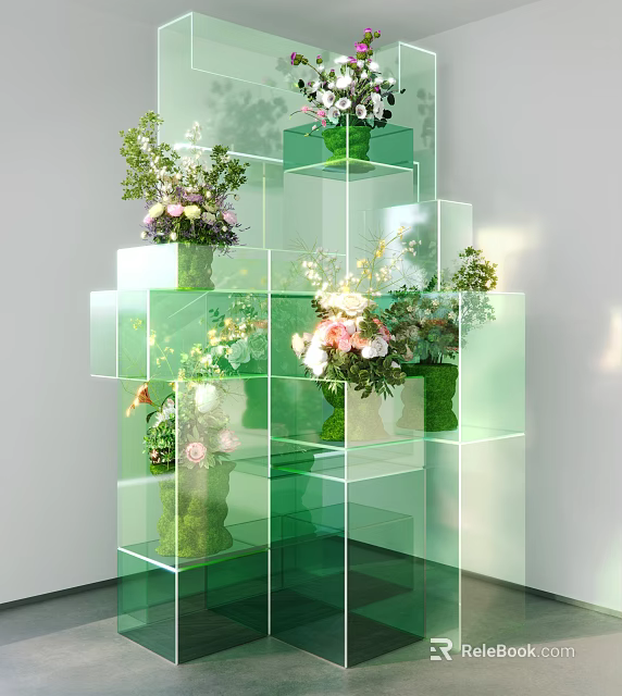 Creative Art Installation With Stacked Green Transparent Cubes And Flower Decorations 3d model 