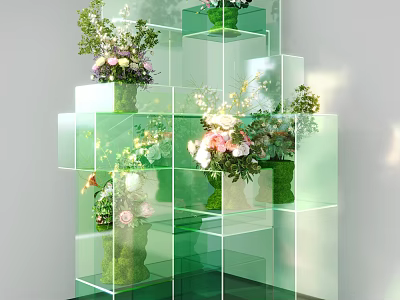 Creative Art Installation With Stacked Green Transparent Cubes And Flower Decorations 3d model