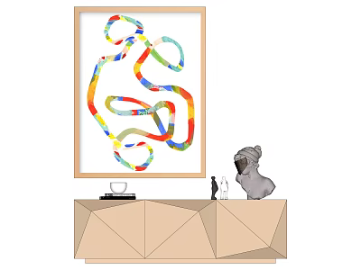 Colorful Abstract Framed Painting With Geometric Console Table Dog Figurine And Decorative Items 3d model