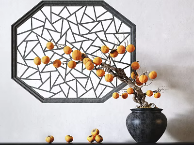 Bonsai Plant With Orange Fruits In Black Pot By Octagonal Lattice Screen On Tabletop 3d model