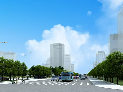 Urban Road Infrastructure Featuring Street Lamps Trees Buses Cars And Tall Buildings Under Sunny Sky 3d model