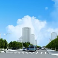Urban Road Infrastructure Featuring Street Lamps Trees Buses Cars And Tall Buildings Under Sunny Sky
