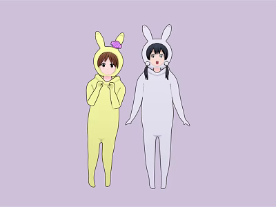 Two Cartoon Girls In Rabbit Costumes Yellow With Pink Bow And White Outfits 3d model