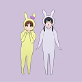 Two Cartoon Girls In Rabbit Costumes Yellow With Pink Bow And White Outfits