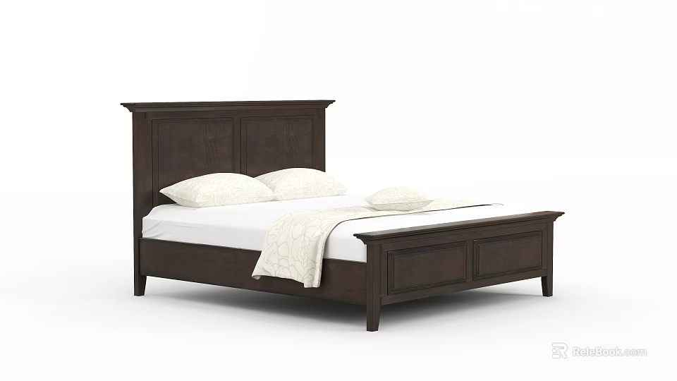 Classic Wooden Double Bed With Panel Headboard White Mattress And Pillows 3d model 