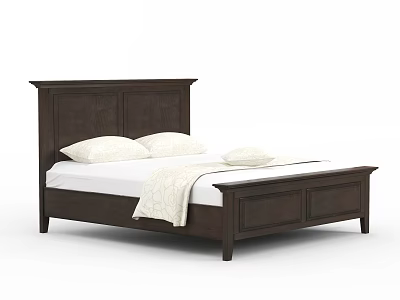 Classic Wooden Double Bed With Panel Headboard White Mattress And Pillows 3d model