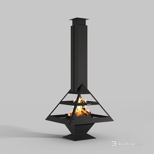 Modern Black Freestanding Fireplace With Geometric Structure And Burning Flames 3d model 