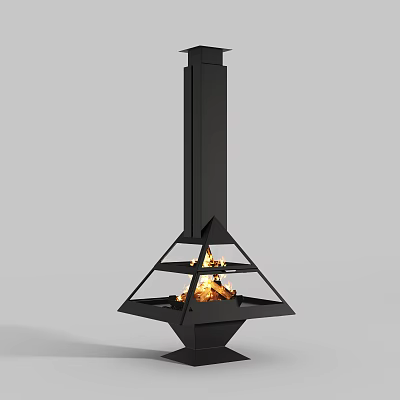 Modern Black Freestanding Fireplace With Geometric Structure And Burning Flames 3d model