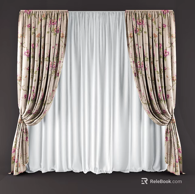 Floral Pattern Beige Curtains With White Sheer Curtain For Window Decoration 3d model 
