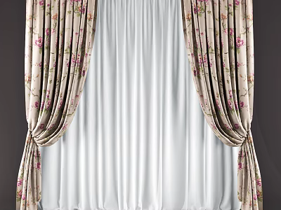 Floral Pattern Beige Curtains With White Sheer Curtain For Window Decoration 3d model