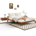 Modern Double Bed Interior With Wooden Frame White Sheets Pillows Nightstand And Wall Art 3d model