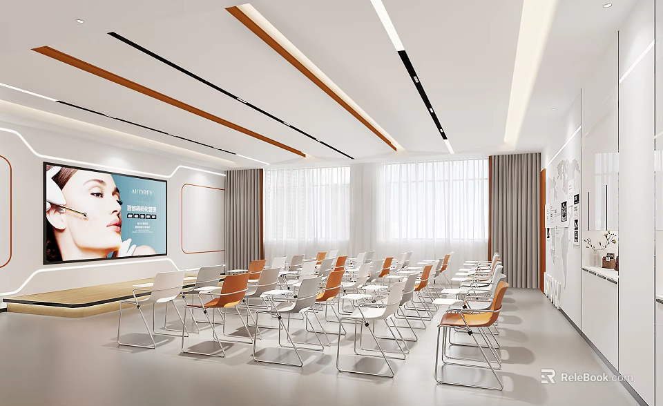 Modern Conference Room Interior With White And Orange Chairs Large Screen And Natural Light Windows 3d model 
