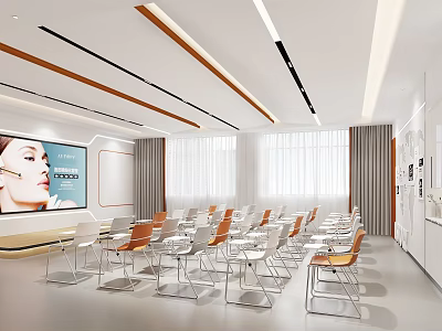 Modern Conference Room Interior With White And Orange Chairs Large Screen And Natural Light Windows 3d model