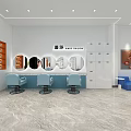 Modern Beauty Salon Interior With Blue Chairs Mirrors White And Blue Walls Marble Floor