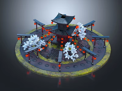 Traditional Japanese Pavilion With Black Roof Red Lanterns White Cherry Blossom Trees And Circular Path 3d model