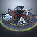 Traditional Japanese Pavilion With Black Roof Red Lanterns White Cherry Blossom Trees And Circular Path