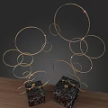 Modern Decorative Ornament Set with Black Marble Bases and Golden Circular Rings