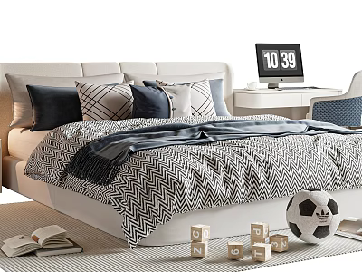 Kids Bed With Gray White Striped Bedding Pillows Nightstand Clock Soccer Ball And Wooden Blocks 3d model