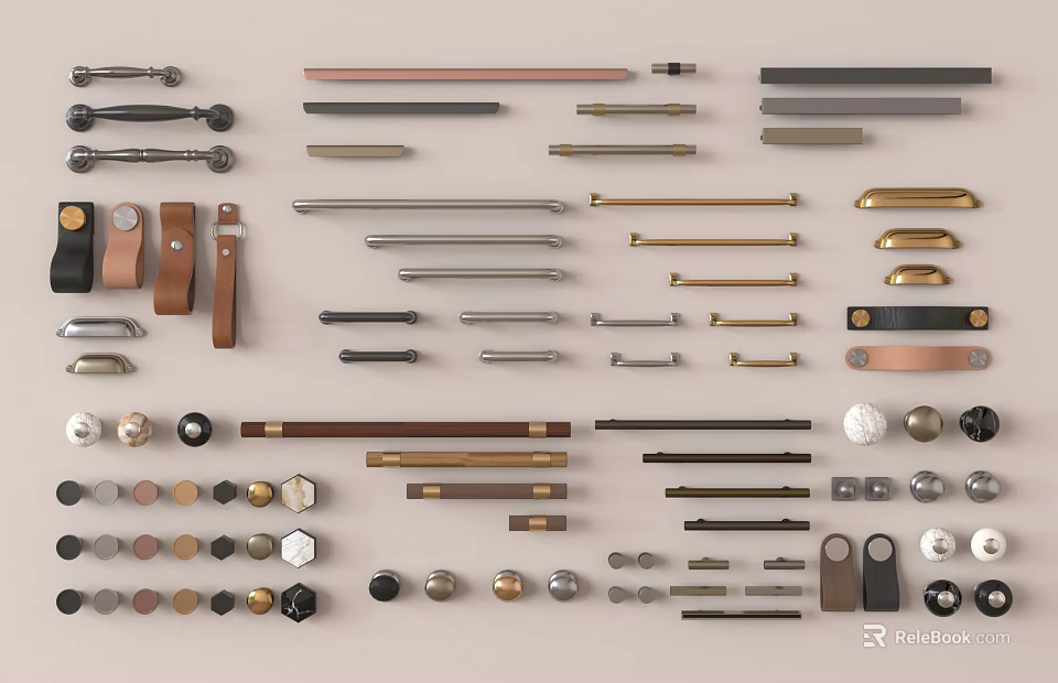 Assorted Stylish Cabinet Handles In Metal Brass And Wooden Finishes For Furniture Doors 3d model 