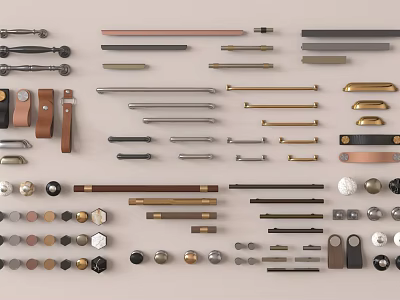 Assorted Stylish Cabinet Handles In Metal Brass And Wooden Finishes For Furniture Doors 3d model