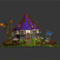 Halloween Cottage With Purple Roof Orange Pumpkins Spider Webs Fence And Grass