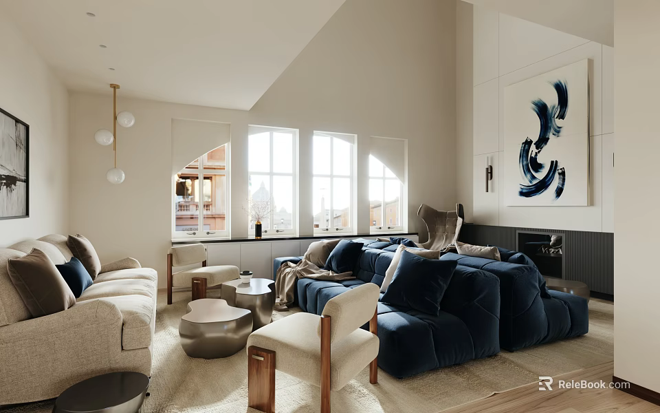 Modern Elegant Living Room Interior With Navy Blue Sofa Neutral Pillows And Abstract Artwork 3d model 