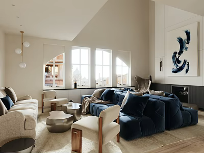 Modern Elegant Living Room Interior With Navy Blue Sofa Neutral Pillows And Abstract Artwork 3d model