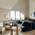 Modern Elegant Living Room Interior With Navy Blue Sofa Neutral Pillows And Abstract Artwork