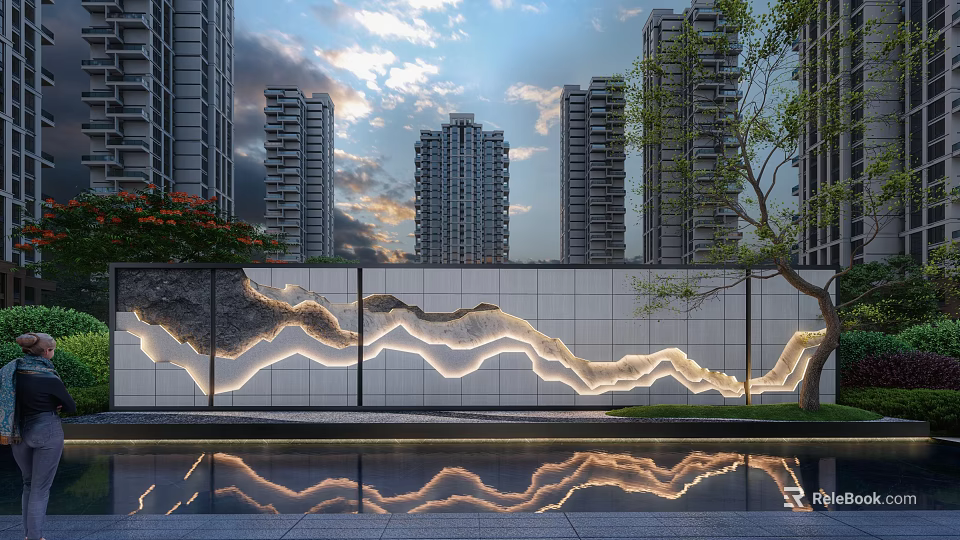 Modern High Rise Buildings With Wavy Illuminated Wall And Water Reflection At Dusk 3d model 