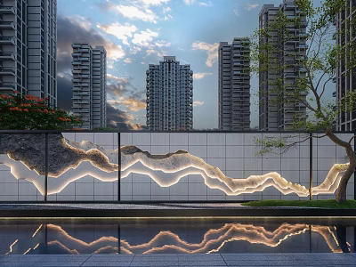 Modern High Rise Buildings With Wavy Illuminated Wall And Water Reflection At Dusk 3d model