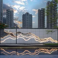 Modern High Rise Buildings With Wavy Illuminated Wall And Water Reflection At Dusk