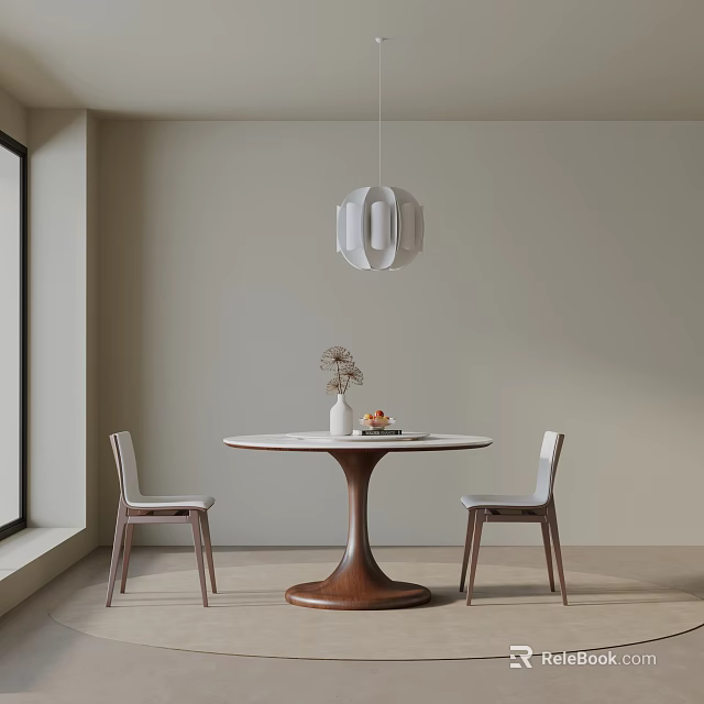 Modern Round Dining Table Set With White Tabletop Brown Base Two Chairs And Pendant Light 3d model