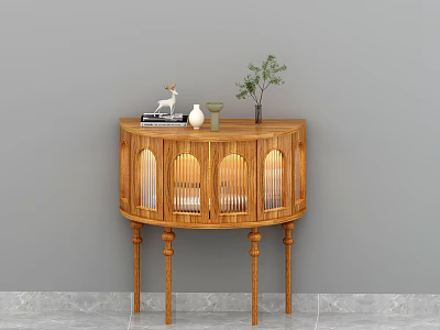 Wooden Entryway Console Cabinet with Arched Glass Doors Integrated Lighting Topped with Decorative Items 3d model