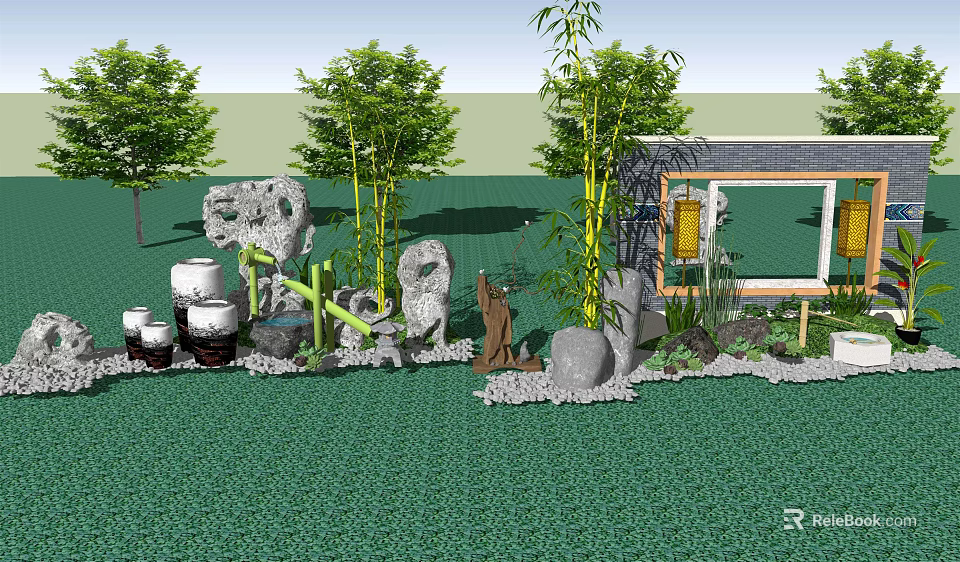 Landscape Sculpture With Bamboo Plants Stone Elements Ceramic Jars And Decorative Figures In Green Lawn 3d model 