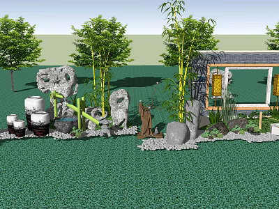 Landscape Sculpture With Bamboo Plants Stone Elements Ceramic Jars And Decorative Figures In Green Lawn 3d model