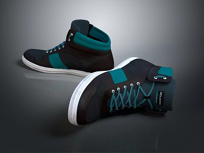 High Top Dark And Turquoise Shoes Featuring White Sole And Laces Design 3d model
