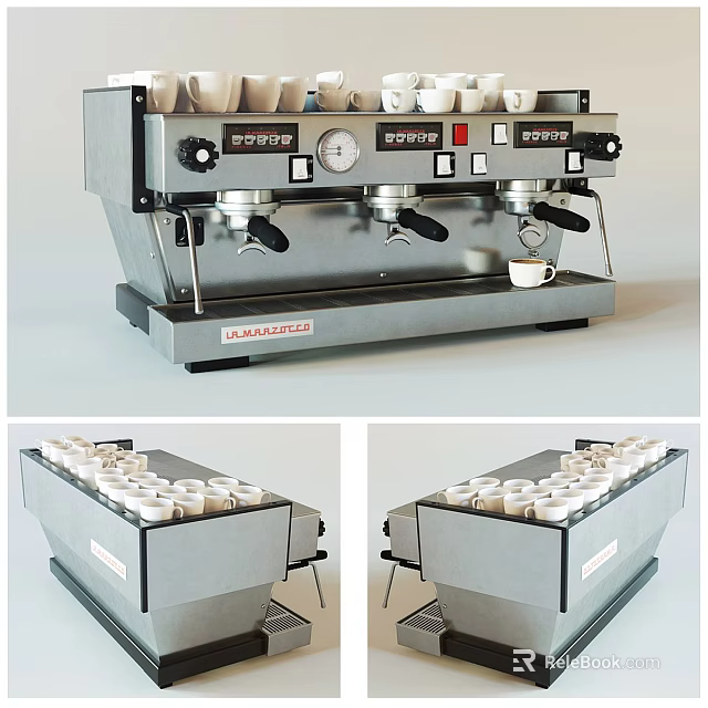 Stainless Steel Espresso Coffee Machine With Multiple Cups And Control Knobs 3d model
