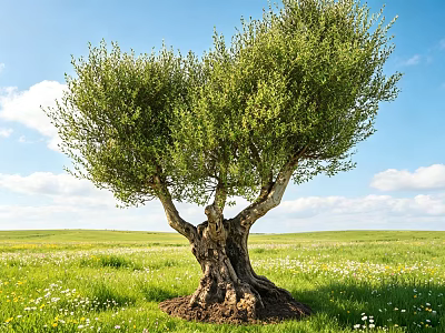 Mature Olive Tree Thick Trunk Lush Green Canopy Grassland White Flowers Blue Sky 3d model
