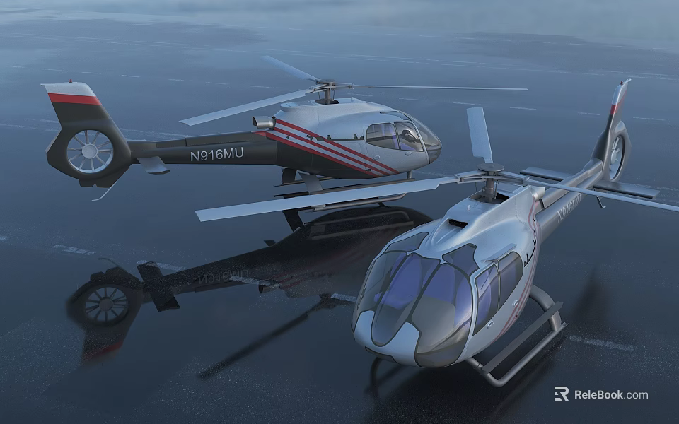 Two Sleek Modern Helicopters On Reflective Surface With Red Stripes And Glass Cockpits 3d model 