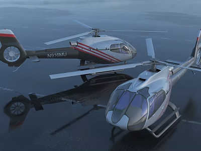 Two Sleek Modern Helicopters On Reflective Surface With Red Stripes And Glass Cockpits 3d model