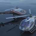 Two Sleek Modern Helicopters On Reflective Surface With Red Stripes And Glass Cockpits